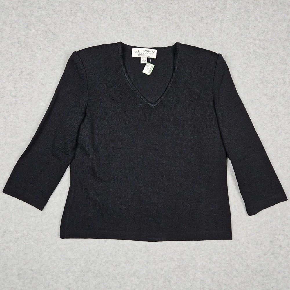 St. John Collection Marie Gray Women 4 Black V-Neck Santana Knit Top Long Sleeve